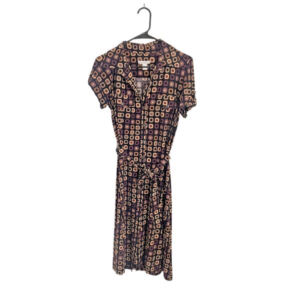 Retro Geometric Print Midi Dress Sz 12 Belted Stretch Shirt Dress Mod Y2K Office - Picture 1 of 8